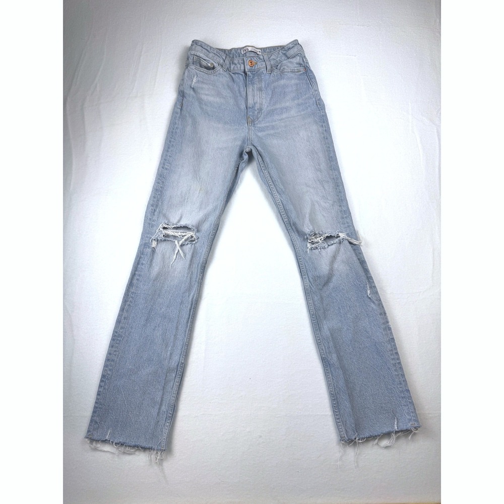 Zara Womens High Waisted Straight Leg Ripped Knee Light Wash Denim Jeans Size 6